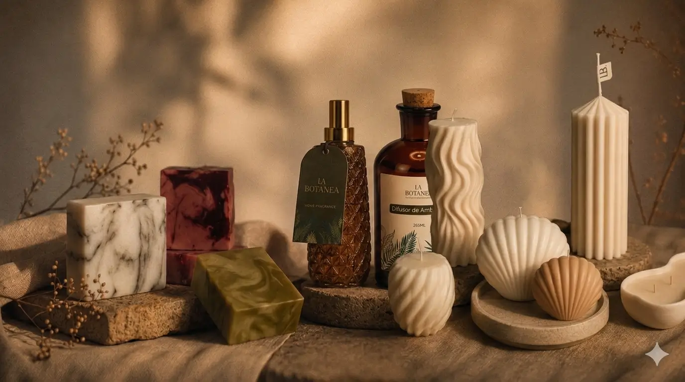 Composição de velas, sabonetes e aromatizantes La Botanea à luz de velas